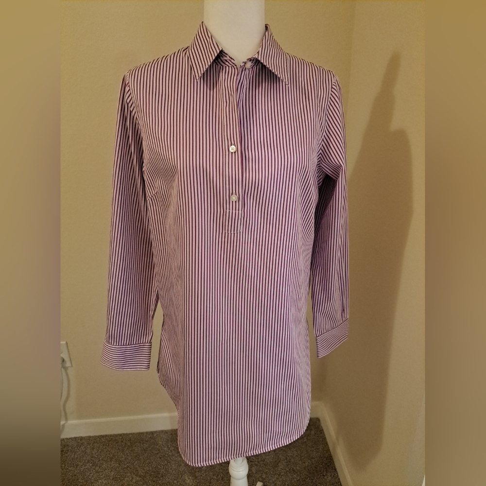 J. McLaughlin Shirt Sz M Purple White Striped 3/4 Button-front EUC